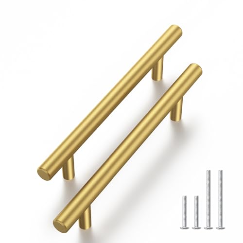 Haliwu 30 Pack Cabinet Handles Brass Gold Cabinet Pulls 3-3/4 Inch Hole Center Drawer Pulls Modern Bar Dresser Handles for Bathroom Kitchen Bedroom