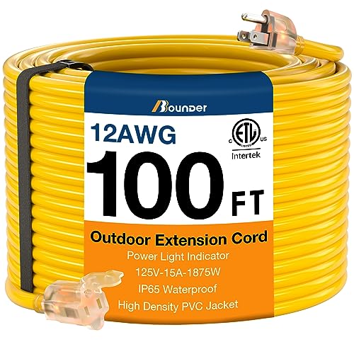 BBOUNDER Outdoor Extension Cord 100 FT Waterproof, 12/3 SJTW Heavy Duty 15A 1875W, Flexible 100% Copper 3 Prong Cords for Commercial Use and High Power Appliance, Yellow