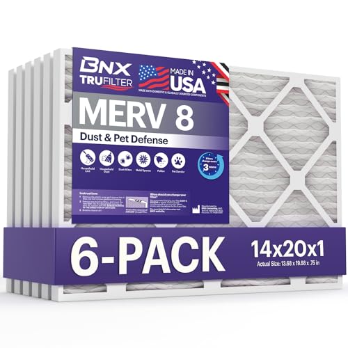 BNX TruFilter 14x20x1 Air Filter MERV 8 (6-Pack) - MADE IN USA Dust & Pet Defense Electrostatic Pleated Air Conditioner HVAC AC Furnace Filters for Dust, Pet, Mold, Pollen MPR 600 700 & FPR 5