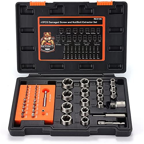 REXBETI 41-Piece Bolt Extractor Screw Extractor Set and Stripped Screw Remover, Case with 16-Piece Bolt Extractor, 10-Piece HSS Drill Bit, 10-Piece Spiral Screw Extractor and 4 Piece Adapter