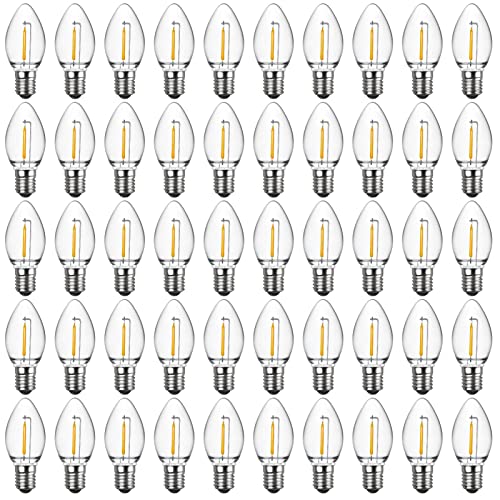 Meconard C7 Led Replacement Christmas Light Bulbs, C7 Shatterproof Led Bulbs for Christmas Outdoor String Lights, E12 Candelabra Base, Commercial Grade Holiday Bulbs, Warm White, 50 Pack