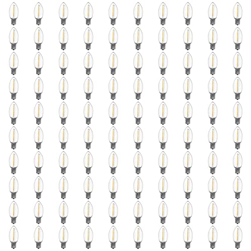 Meconard C9 Led Replacement Christmas Light Bulbs, 100 Pack C9 Shatterproof Plastic Led Bulbs for Christmas Outdoor String Lights, E17 Intermediate Base, Commercial Grade Holiday Bulbs, Warm White.