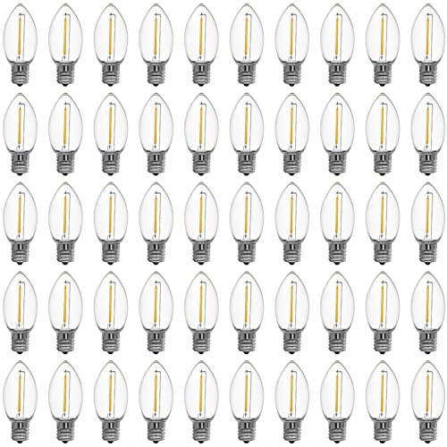 Meconard C9 Led Replacement Christmas Light Bulbs, C9 Shatterproof Plastic Led Bulbs for Christmas Outdoor String Lights, E17 Intermediate Base, Commercial Grade Holiday Bulbs, Warm White, 50 Pack