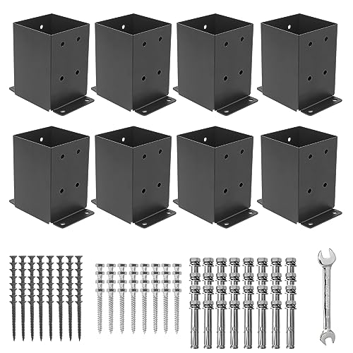 44 Post Base 8 Pcs, (Inner Size 3.6"x3.6") Post Brackets, Heavy Duty Black Metal Powder-Coated Thick Steel Post Anchor Outdoor for Support Deck Base Plate Pergola Brackets Fence Kit