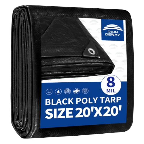 RAINDEWAY Large Black Tarp 20x20 Feet, UV Resistant, 8 Mil Multipurpose Medium Duty Waterproof Poly Tarp Cover with Metal Grommets and Reinforced Edges by RAINDEWAY