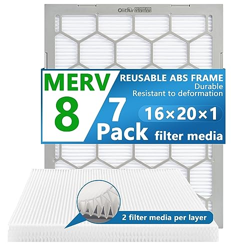 16x20x1 MERV 8 Air Filter,AC Furnace Air Filter,Reusable ABS Plastic Frame, 7 Pack Replaceable Filter Media (Actual Size: 15 3/4" x 19 3/4" x 3/4")