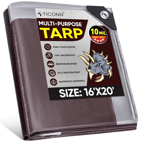 TICONN Heavy Duty Tarp Cover, Extra Thick Tarps Waterproof Tear and Rip Proof UV Resistant Tarpaulin with Reinforced Grommets and Edges (10 Mil, 16'x20')