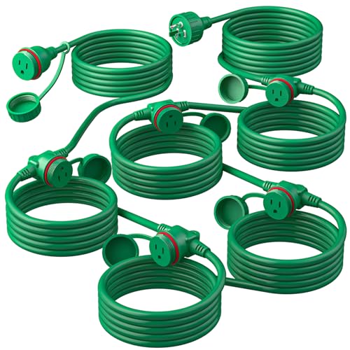 50FT Green Outdoor Extension Cord, Evenly Spaced 6 Outlets Plugs with Waterproof Cover, 16/3 SJTW Weatherproof Multiple Outlets Wire for Holiday Light and Halloween Christmas Decoration, ETL Listed