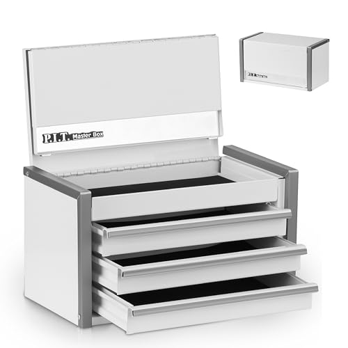 P.I.T. Mini White Tool Box, Portable 3 Drawer Steel Stackable Tool Box with Magnetic Tab Locking, White Micro Top Chest with Liner for Tools Storage and Organizers, Home DIY