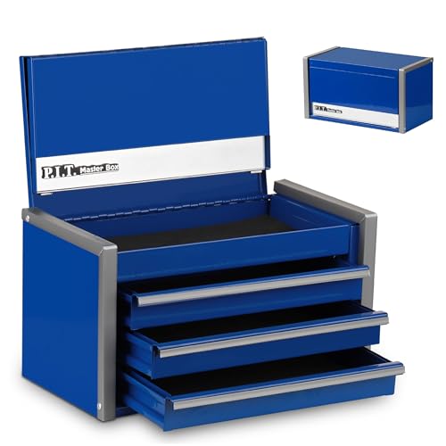 P.I.T. Mini Blue Tool Box, Portable 3 Drawer Steel Stackable Tool Box with Magnetic Tab Locking, Blue Micro Top Chest with Liner for Tools Storage and Organizers, Home DIY