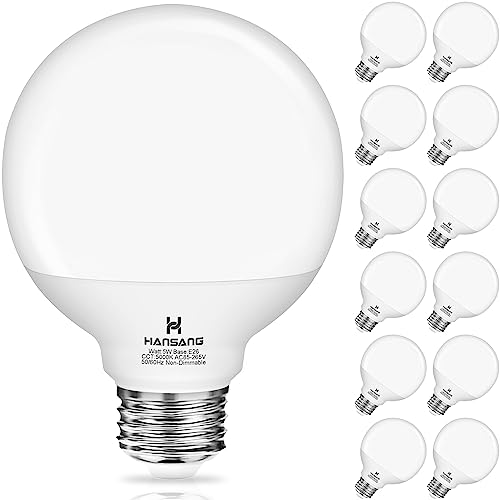 hansang 12 Pack Bathroom Light Bulbs, 5000K Daylight LED Globe Light Bulbs, 60W Equivalent E26 Base, G25 Vanity Light Bulb for Bathroom Makeup Mirror, Bedroom Lights 120V, CRI85+, 500LM, Non-dimmable