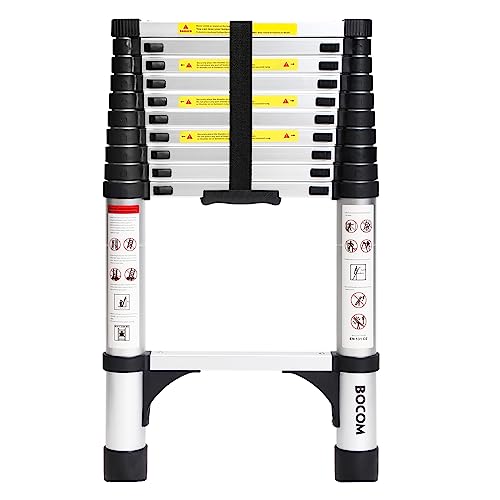 BOCOM 10.5 FT Aluminum Telescoping Ladder, Lightweight Multi-Purpose Collapsible Extension with 2 Triangle Stabilizers, Heavy Duty 330 lbs Max Capacity, Ideal for Home, RV, and Outdoor Work Silver