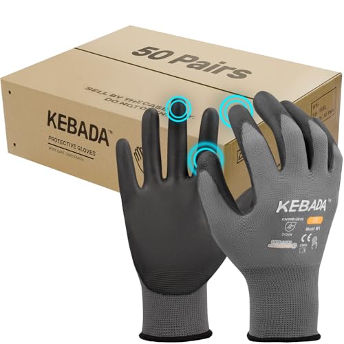 Kebada W1 Work Gloves for Men and Women, Touchscreen PU Coated Gloves with Grip, 50 Pairs Bulk Pack, Ideal for Warehouse Package Handling, Construction, Gardening, Gray Small