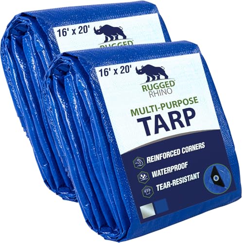 Rugged Rhino All Weather 100% Waterproof Heavy Duty Tarp, 2 Pack, 5 Mil UV Temperature Resistant Tarps, High Durability Multipurpose Cover, for Home Outdoor Patio Winter Leaf Camping, 16x20 Blue