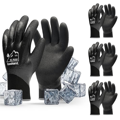 Waterproof Gloves Bulk Pack for Men and Women, 3 Pairs, Freezer Gloves with Grip, Double Nitrile Dipped for Extreme Oil Repellent, for Construction, Mechanics, Mining, Plumbing, Black, Small