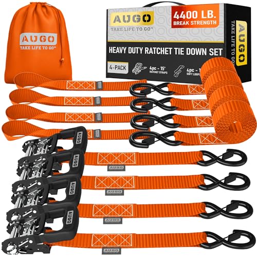 AUGO Heavy Duty Ratchet Straps & Soft Loops  Pack of 4 Extra Strong 1.5 by 15 Ratchet Straps w/S-Hook Safety Latches & 4 Soft Loop Tie Downs  4400Lb Break Strength for Motorcycles, ATVs, Etc.