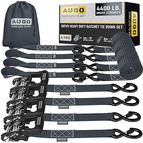 AUGO Heavy Duty Ratchet Straps & Soft Loops  Pack of 4 Extra Strong 1.5 by 10 Ratchet Straps w/S-Hook Safety Latches & 4 Soft Loop Tie Downs  4400Lb Break Strength for Motorcycles, ATVs, Etc.