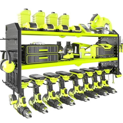 KAFAHOM Power Tool Organizer, Large 8 Drill Holder Wall Mount with 2 Side Pegboards, Heavy Duty Metal Tool Shelf with 12 Hooks, Storage Rack for Garage Organization, Utility Battery Shelves - Green