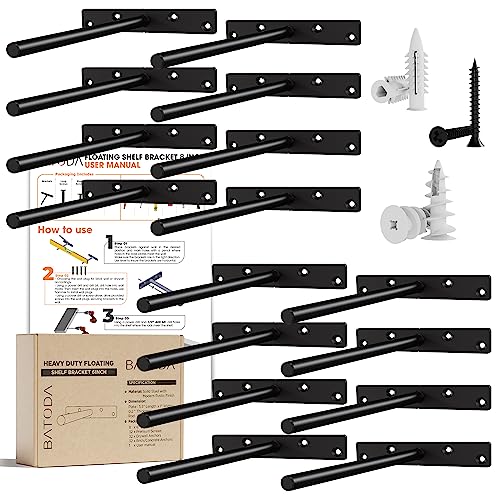 BATODA - 8" Floating Shelf Bracket Heavy Duty (16 pcs)Solid Steel Blind Shelf Supports - Hidden Brackets for Floating Wood Shelves - Blind Shelf Support Shelving Mounting Hardware Included (Pack 16)