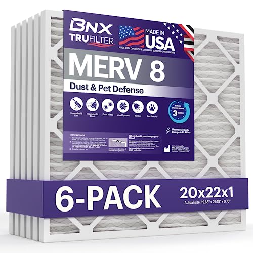 BNX TruFilter 20x22x1 Air Filter MERV 8 (6-Pack) - MADE IN USA  Dust & Pet Defense Electrostatic Pleated Air Conditioner HVAC AC Furnace Filters for Dust, Pet, Mold, Pollen MPR 600  700 & FPR 5