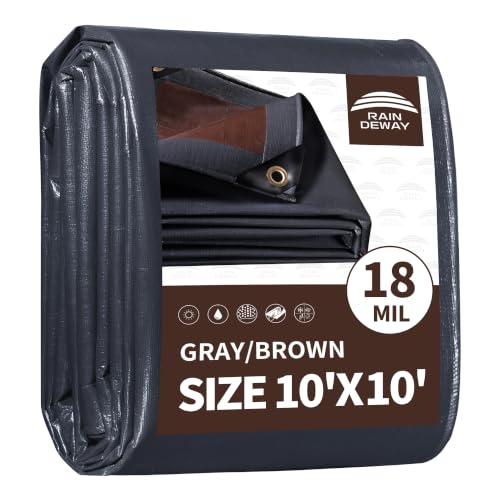 RAINDEWAY 10x10 Feet Super Heavy Duty Tarp 18 Mil, UV Resistant, Weatherproof, Multipurpose Waterproof Poly Tarp with Grommets and Reinforced Edges, Brown/Gray Tarps
