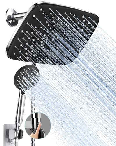 Veken 11.8 Inch High Pressure Rain Shower Head -Shower Heads with 5 Modes Handheld Spray Combo- Wide RainFall shower with 70" Hose & Bracket- Adjustable Dual Showerhead with Anti-Clog Nozzles - Chrome