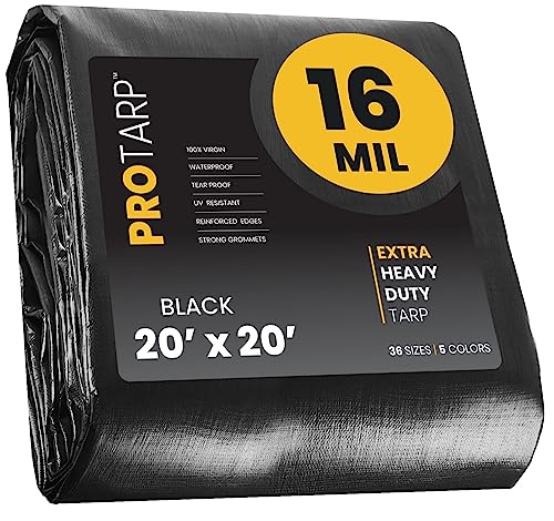 PROTARP Extra Heavy Duty 16 Mil Tarp Cover, Waterproof, UV Resistant, Rip and Tear Proof, Poly Tarpaulin with Reinforced Edges for Roof, Camping, Patio, Pool, Boat. (Black 20 X 20)