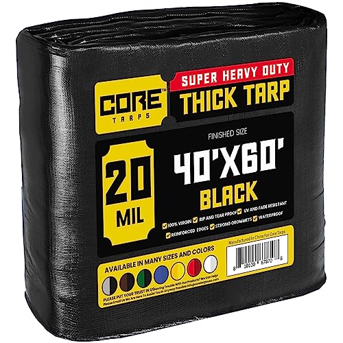 Core Tarps Extreme Heavy Duty 20 Mil Tarp Cover, Waterproof, UV Resistant, Rip and Tear Proof, Poly Tarpaulin with Reinforced Edges for Roof, Camping, Patio, Pool, Boat (Black 40 X 60)