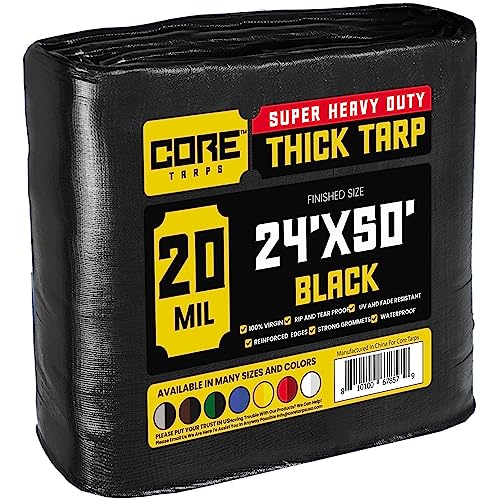 Core Tarps Extreme Heavy Duty 20 Mil Tarp Cover, Waterproof, UV Resistant, Rip and Tear Proof, Poly Tarpaulin with Reinforced Edges for Roof, Camping, Patio, Pool, Boat (Black 24 X 50)