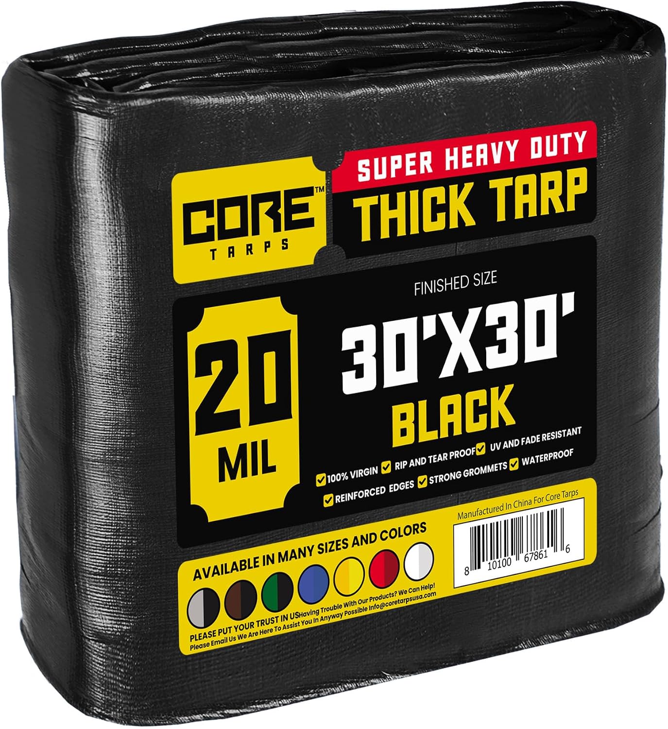 Core Tarps Extreme Heavy Duty 20 Mil Tarp Cover, Waterproof, UV Resistant, Rip and Tear Proof, Poly Tarpaulin with Reinforced Edges for Roof, Camping, Patio, Pool, Boat (Black 30 X 30)