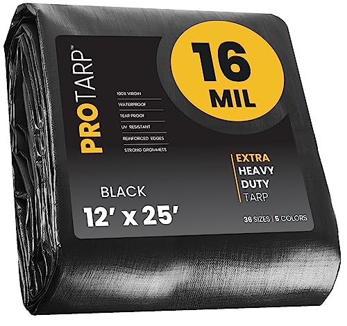 PROTARP Extra Heavy Duty 16 Mil Tarp Cover, Waterproof, UV Resistant, Rip and Tear Proof, Poly Tarpaulin with Reinforced Edges for Roof, Camping, Patio, Pool, Boat. (Black 12 X 25)