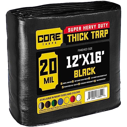 Core Tarps Extreme Heavy Duty 20 Mil Tarp Cover, Waterproof, UV Resistant, Rip and Tear Proof, Poly Tarpaulin with Reinforced Edges for Roof, Camping, Patio, Pool, Boat (Black 12 X 16)