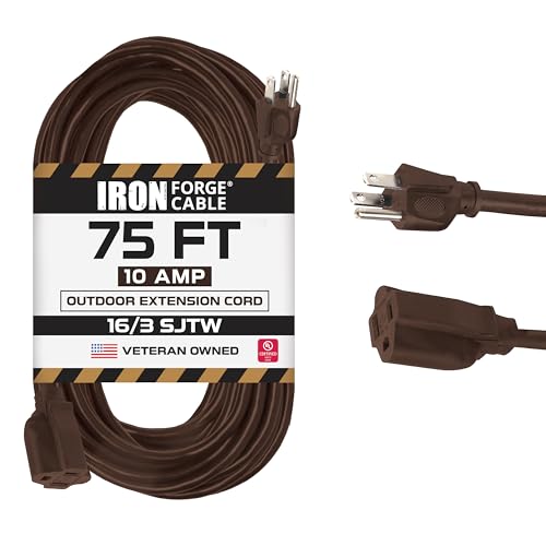 Iron Forge Cable Outdoor Brown Extension Cord 75 ft - 16 Gauge 10 Amp Heavy Duty Brown Outdoor Extension Cords 3 Prong - 16/3 SJTW Great for Outdoor