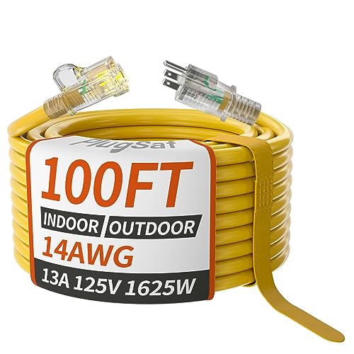 14/3 Gauge Yellow Outdoor Extension Cord 100 ft Waterproof with Lighted Indicator, Cold Weatherproof -40C, Flexible 3 Prong Extension Cord Outside,13A 1625W 14AWG SJTW, ETL Listed