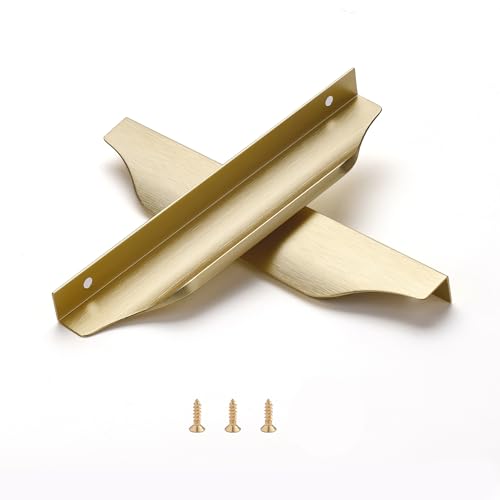 Satanga Edge Finger Pulls for Cabinet Kitchen Drawer knobs Low Profile Door Dresser Bathroom Long Cupboard Furniture Handles Aluminum 10 Pack Brushed Brass 7.87" Easy Installation