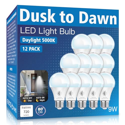 12 Pack Dusk to Dawn LED Outdoor Light Bulb, 5000K-Daylight Dusk to Dawn Light Bulbs, 720LM, 9W(60W Equivalent) A19 E26 Automatic On/Off LED Outdoor Light Bulbs for Porch Lights Garage Patio
