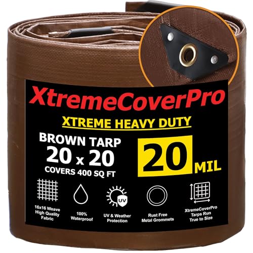 20' x 20' Brown Super Ultra Heavy Duty Tarp  20 Mil Waterproof & UV-Resistant 20x20 - Large Outdoor, Waterproof Cover for Rain Camping, Tent Tarp, UV Protection, Reinforced Corners