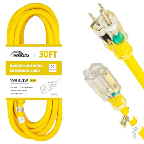 Indoor Outdoor Extension Cord Weatherproof with Lighted End, UL Listed, 10 Gauge 30FT Yellow 3 Prong Heavy Duty, 10/3 SJTW 15A Power Cord for Outdoor Lights, Lawn