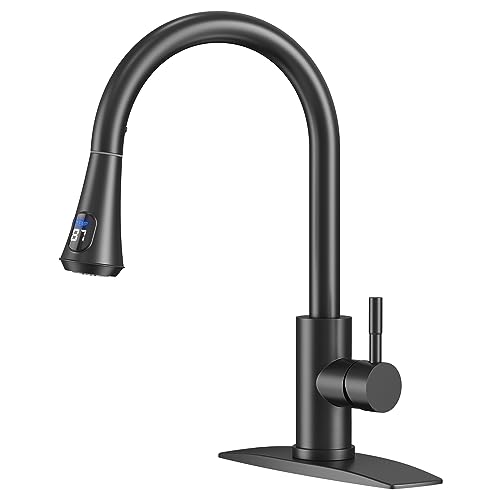 FORIOUS Black LED Kitchen Faucet with Pull Down Sprayer, High Arc Single Handle Modern Stainless Steel Sink Faucet with Temperature Digital Display, Suitable for Farmhouse Camper Rv Bar