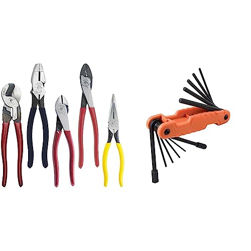 Dipped Plier Kit, Diagonal-Cutting, Needle-Nose, Side-Cutting High Leverage Linesman Pliers, Cutter and Crimper, 5-Piece & 70550 Hex Wrench Key Set, 11 SAE Sizes, Heavy Duty Folding Allen Wrench Tool