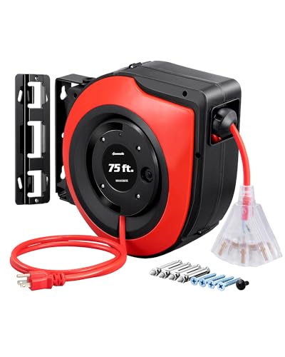 DEWENWILS Retractable Extension Cord Reel (75 FT, Red)