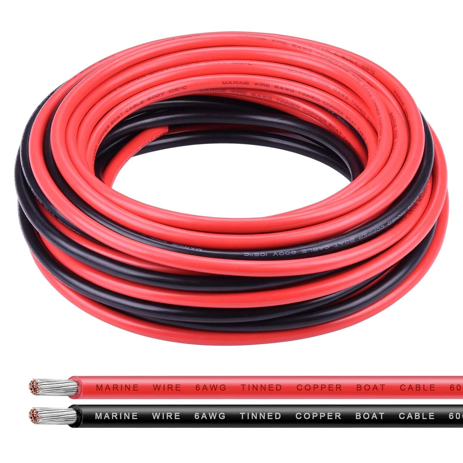 6 Gauge Wire,iGreely 6 AWG Tinned Copper Electrical Wire Cable,2 Single Conductor Insulated Stranded Marine Wire for Car Automotive Trailer Marine Speaker Wire Solar Panel Lighting-30FT Black&30FT Red