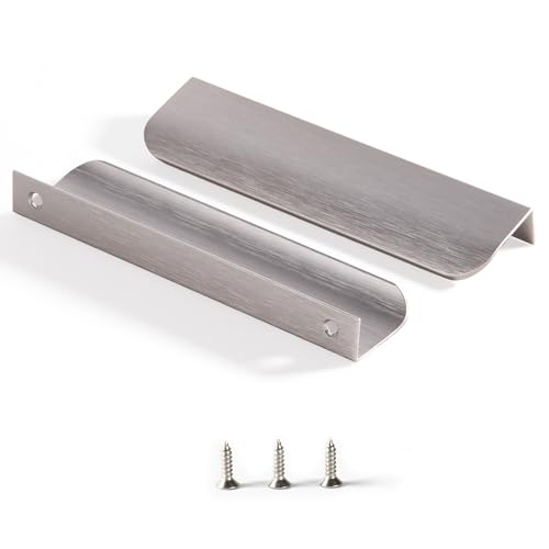 Satanga Edge Finger Tab Pull for cabinets Kitchen Concealed Drawer pulls Aluminum Flat Hidden Back Mount Door Handle for Home Pack of 10 Modern Brushed Nickel 7.87" Overall Length Easy Installation