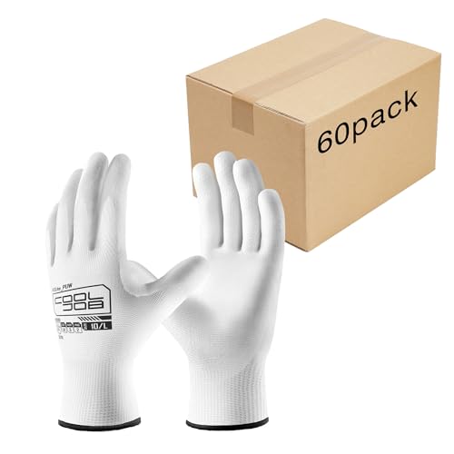 COOLJOB 60 Pairs Safety Work Gloves Pack Bulk with Grip PU Coating, 13 Gauge Seamless Knit Gloves with Polyurethane Dipped for Warehouse Working, Breathable Lightweight for Men Women, White Xlarge