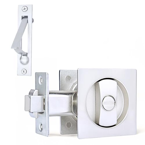 Dontay Pocket Door Privacy Lock, Flush Handles, 2-3/8" Backset, (Bed/Bath) Latch, Recessed Knob, Hardware for 1 3/8 to 2 3/16 Thickness Door (Including Edge Pull, Brushed Nickel, Square - 1 Pack)