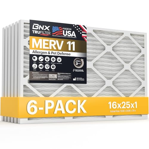 BNX TruFilter 16x25x1 Air Filter MERV 11 (6-Pack) - MADE IN USA - Allergen Defense Electrostatic Pleated Air Conditioner HVAC AC Furnace Filters for Allergies, Dust, Pet, Smoke, Allergy MPR 1200 FPR 7