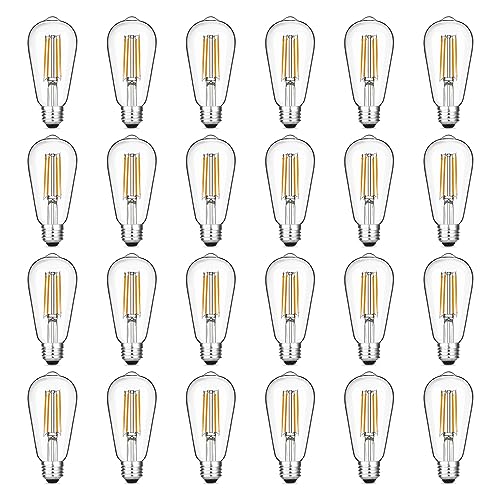 Vintage LED Edison Bulb Dimmable 60W Equivalent 750 Lumens, 6W Light Bulbs Warm White 2700K, Antique ST58 Filament Bulb E26 Base, CRI 90+, Clear Glass, Pack of 24