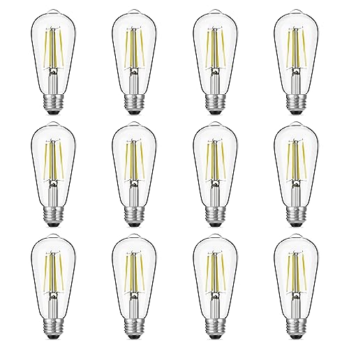 Dimmable Vintage LED Edison Bulbs, 6W, Equivalent 60W, 750lm, Daylight 5000K, 90+ CRI, ST58 Antique LED Filament Bulbs, E26 Medium Base, Clear Glass, Pack of 12
