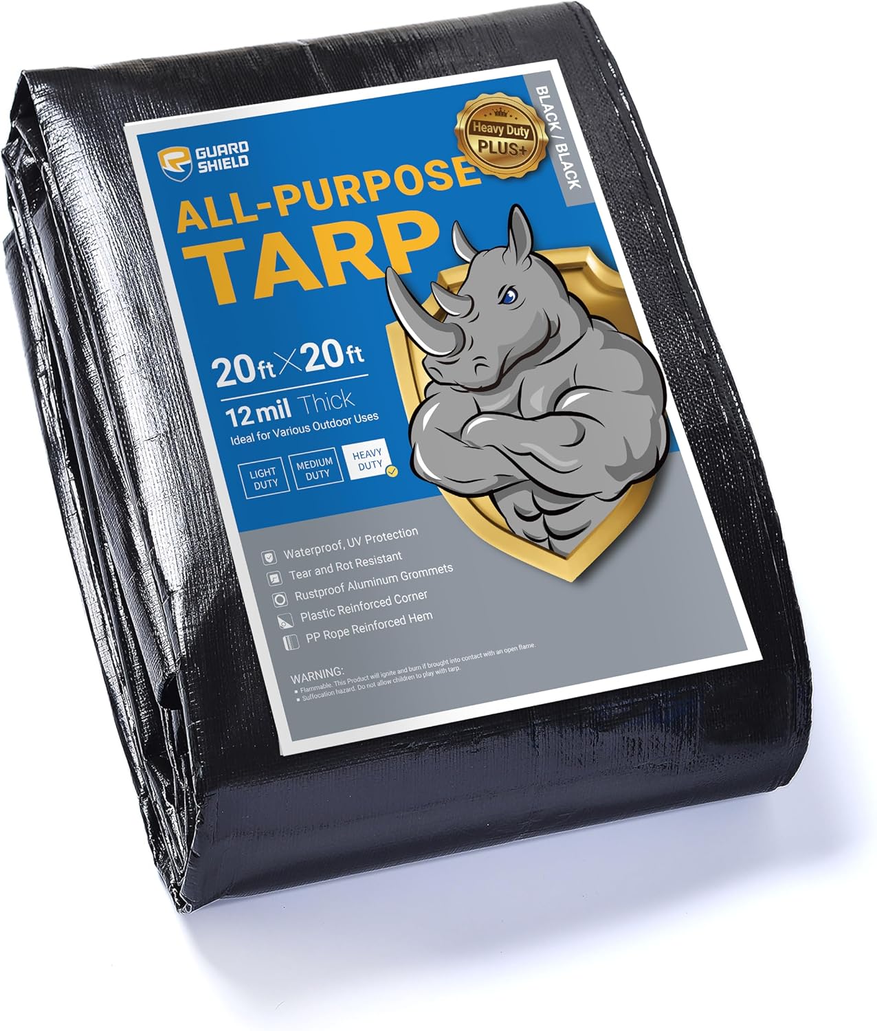 GUARD SHIELD Heavy Duty Tarp 20x20 Feet Black Tarp Large Outdoor Tarps Waterproof with Grommets Cover 12mil