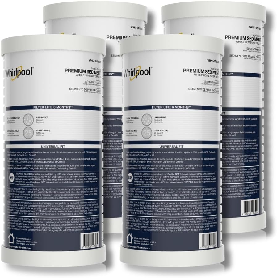 Whirlpool Whole House Large Capacity Sediment Filter WHKF-GD25BB, Full Case of 4 Filters, NSF Certified 25-Micron Filtration, Replacement Cartridge Fits Most Home 10" x 4.5" Standard Filter Housings